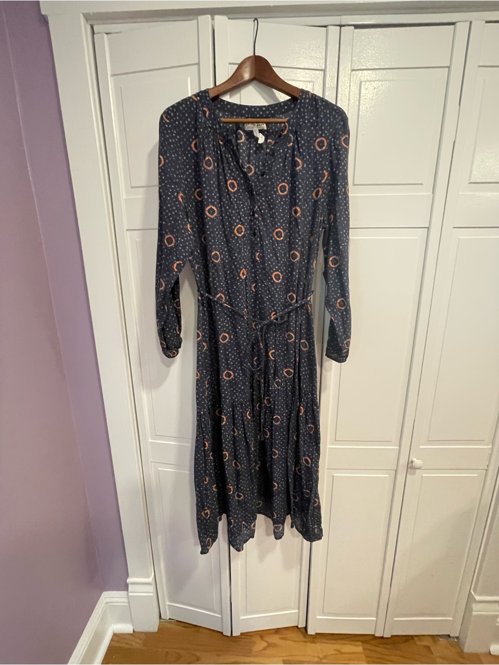 Apiece Apart Navy Long-Sleeve Midi Dress with Orange Ring Motif